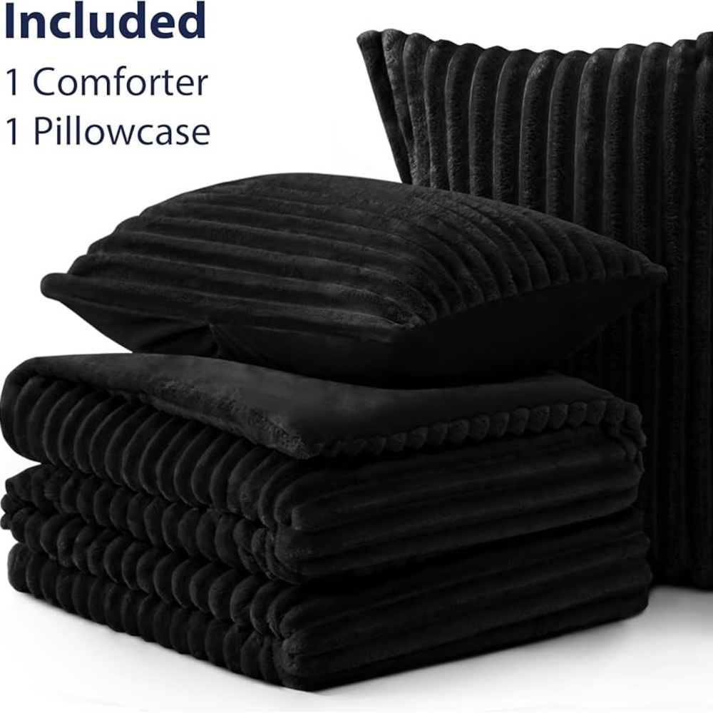 NWOT EXQ Home Fluffy Black Comforter & Pillowcase Set Twin Faux Fur Stripe